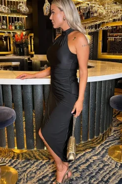 Halter Neck Draped Wrap Skirt Midi Dress