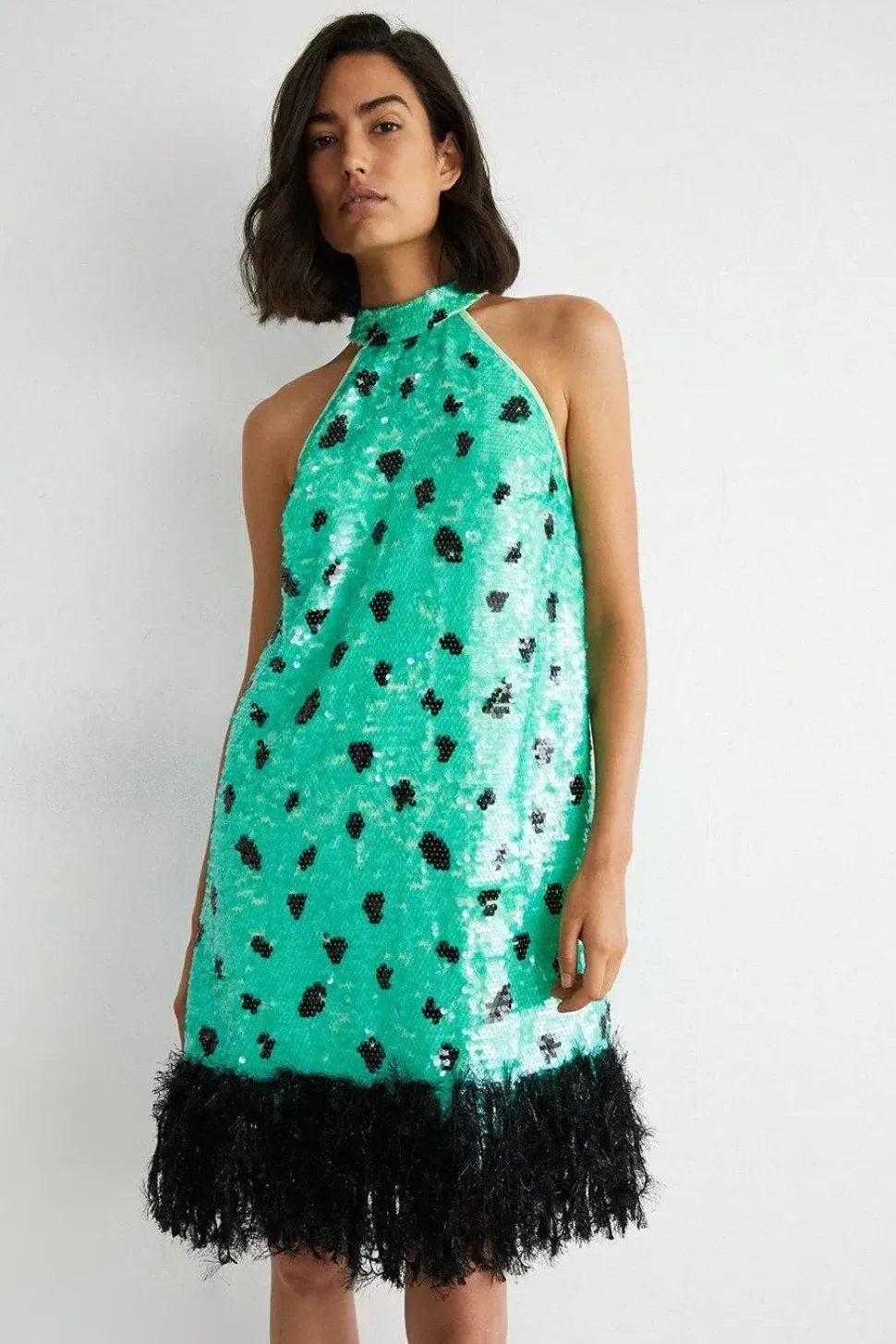 Halter Neck Feather Trim Sequin Mini Dress