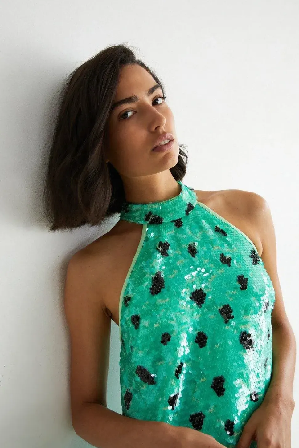 Halter Neck Feather Trim Sequin Mini Dress