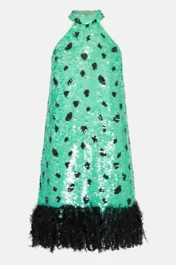 Halter Neck Feather Trim Sequin Mini Dress