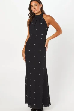 Halterneck Georgette With Embellished Crystals Maxi Dress