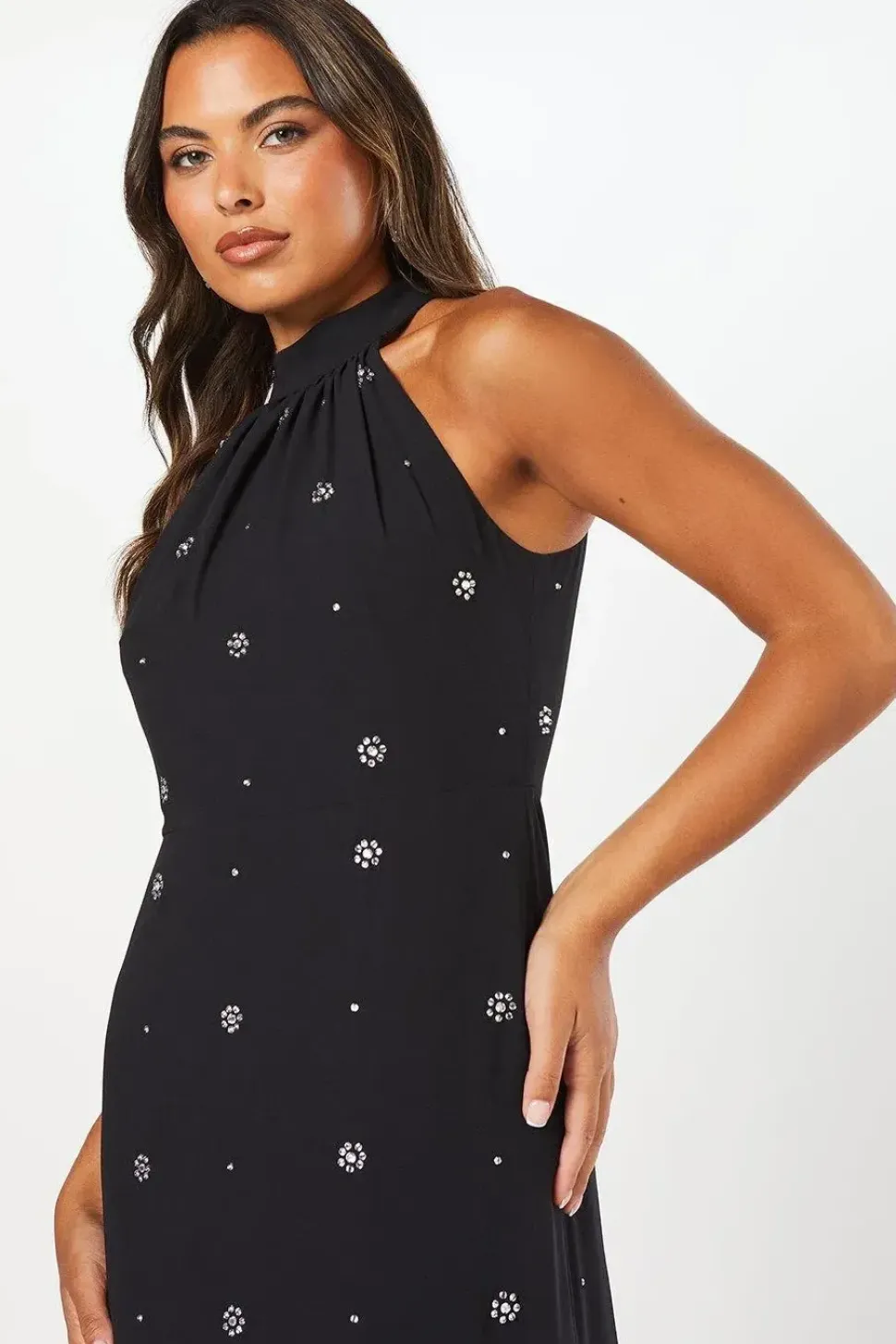 Halterneck Georgette With Embellished Crystals Maxi Dress