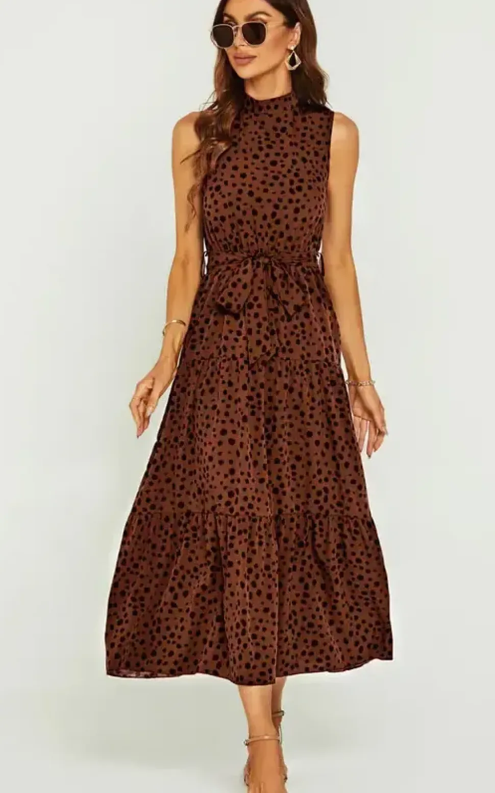 Halter Neck Maxi Layer Dress In Brown & Black Leopard Print