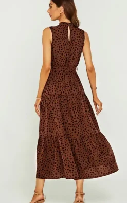 Halter Neck Maxi Layer Dress In Brown & Black Leopard Print