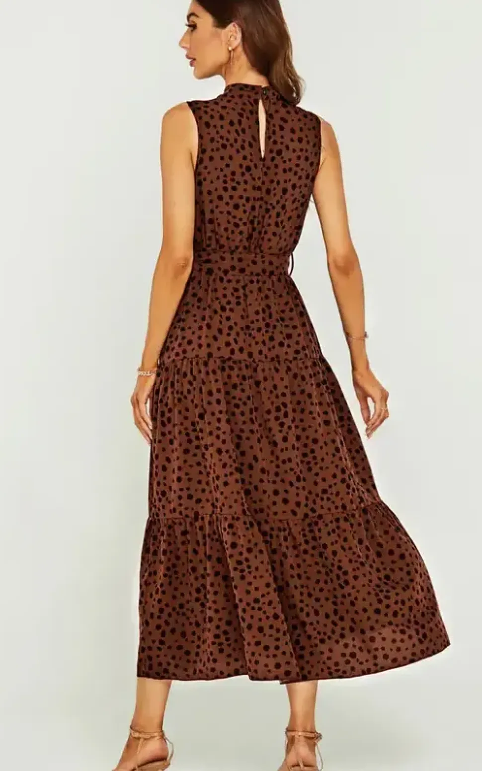 Halter Neck Maxi Layer Dress In Brown & Black Leopard Print
