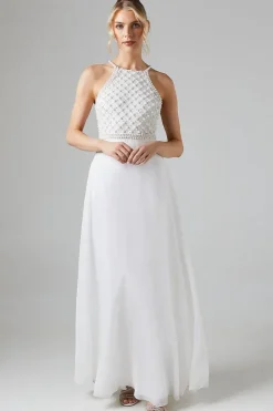 Halterneck Pearl Embellishment Georgette Wedding Dress