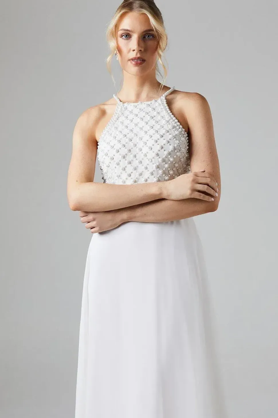 Halterneck Pearl Embellishment Georgette Wedding Dress