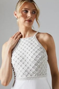 Halterneck Pearl Embellishment Georgette Wedding Dress