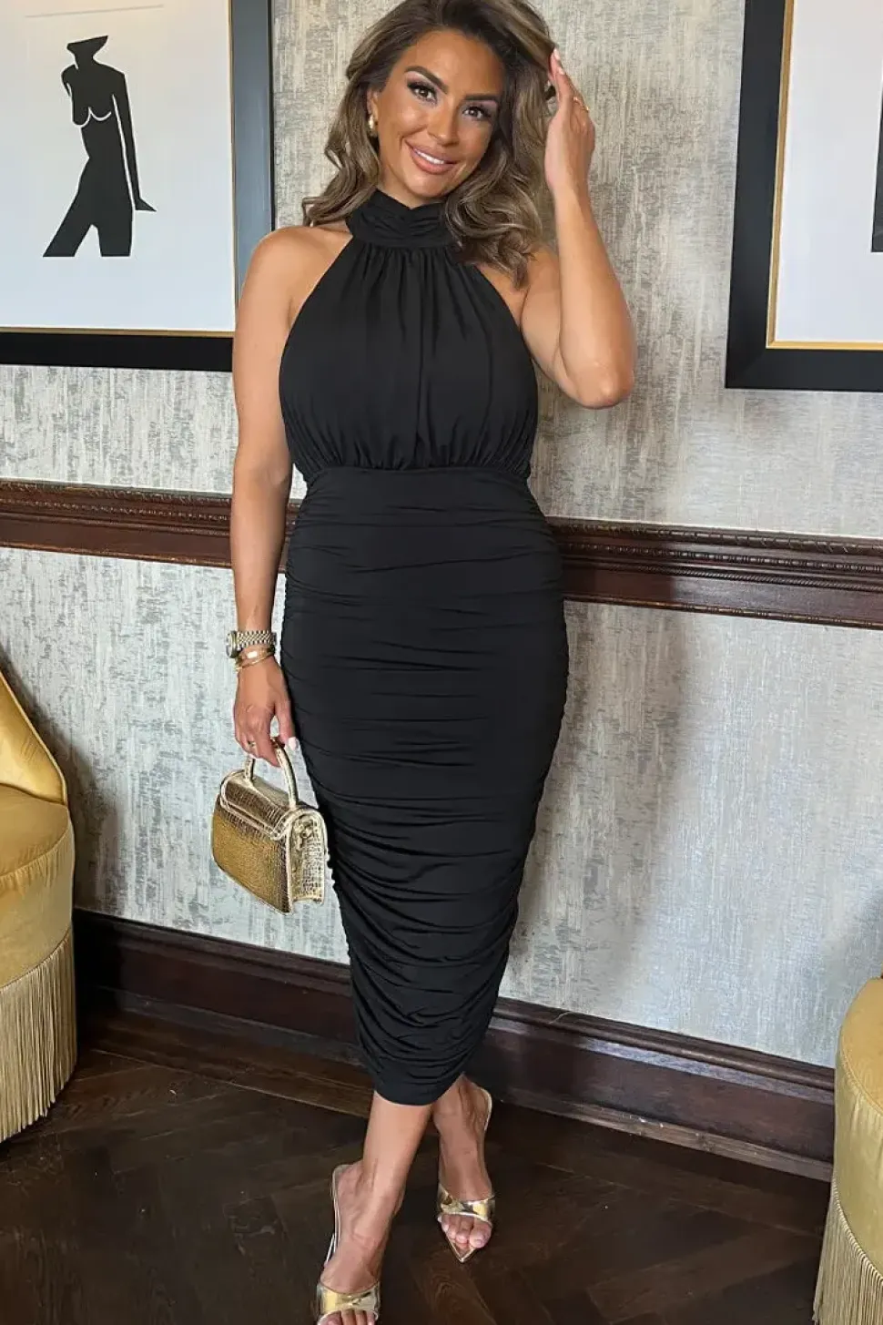 Halter Neck Ruched Midi Dress