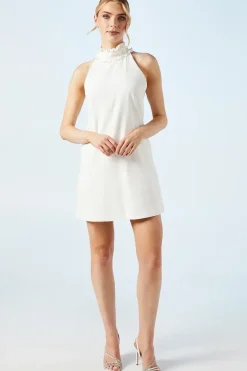 Halterneck Scallop Trim Structured Satin Shift Mini Bridal Dress