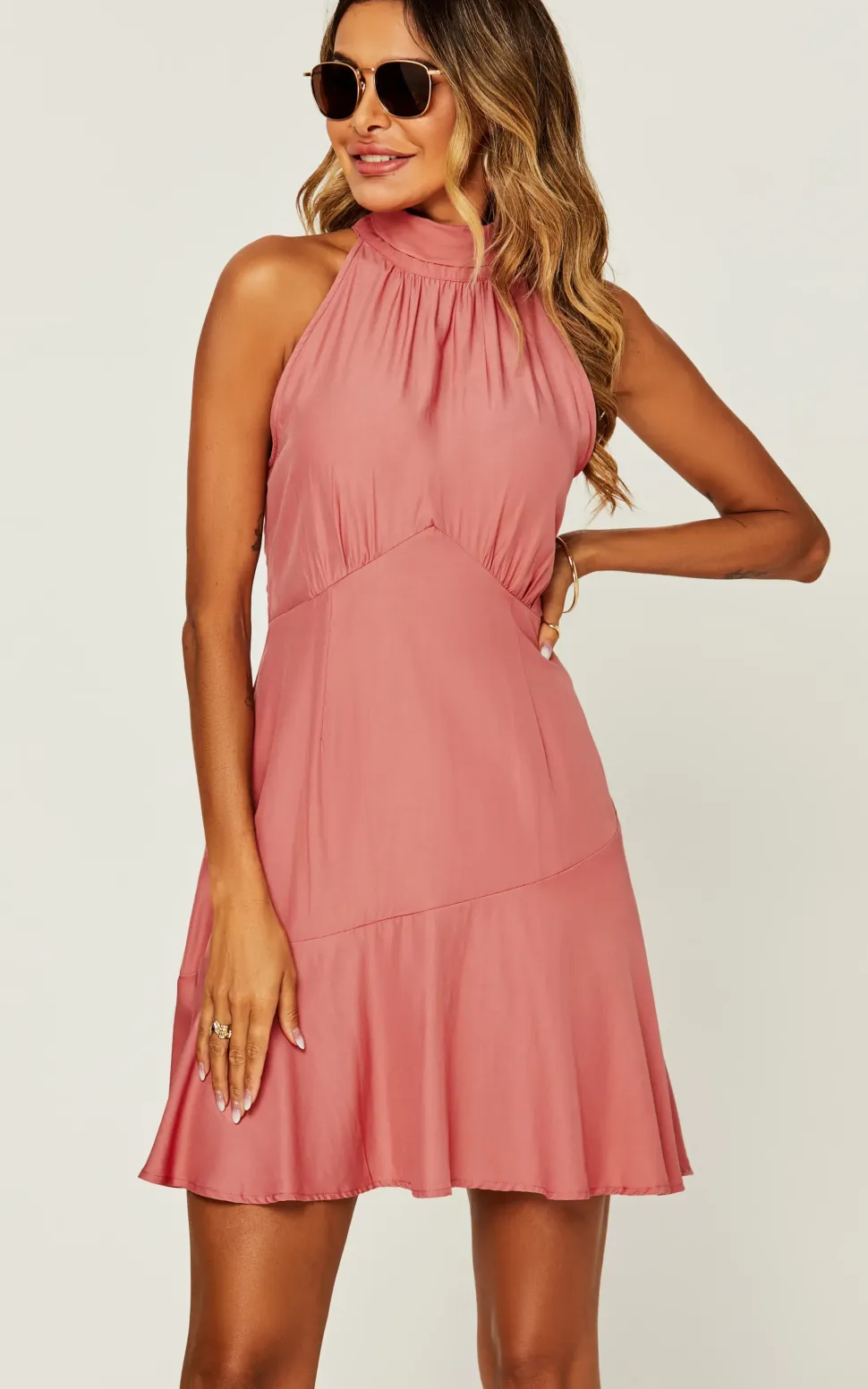 Halter Neck Tie Back Hem Detail Mini Dress In Pink