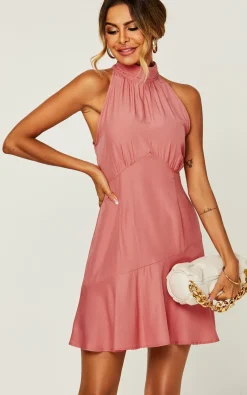 Halter Neck Tie Back Hem Detail Mini Dress In Pink