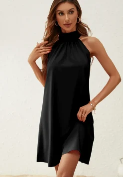 Halter Neck Tie Back Mini Dress In Black