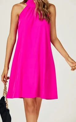 Halter Neck Tie Back Mini Dress In Magenta