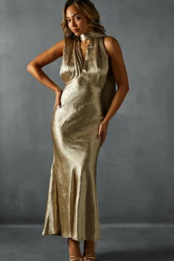 Hammered Satin Scarf Detail Fishtail Maxi Dress