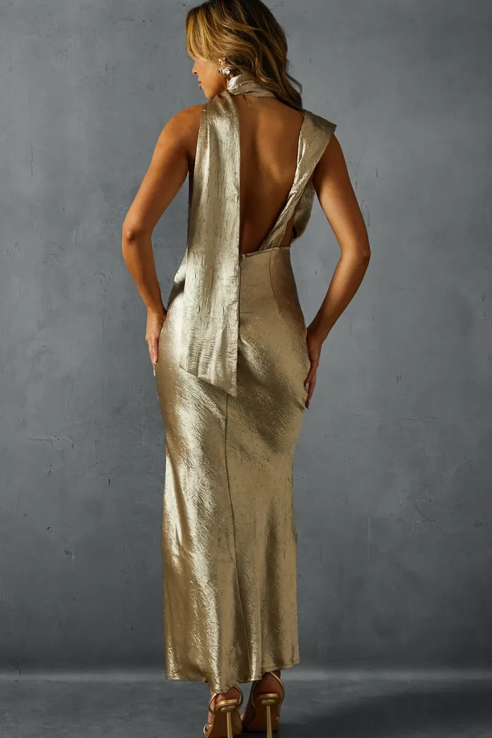 Hammered Satin Scarf Detail Fishtail Maxi Dress
