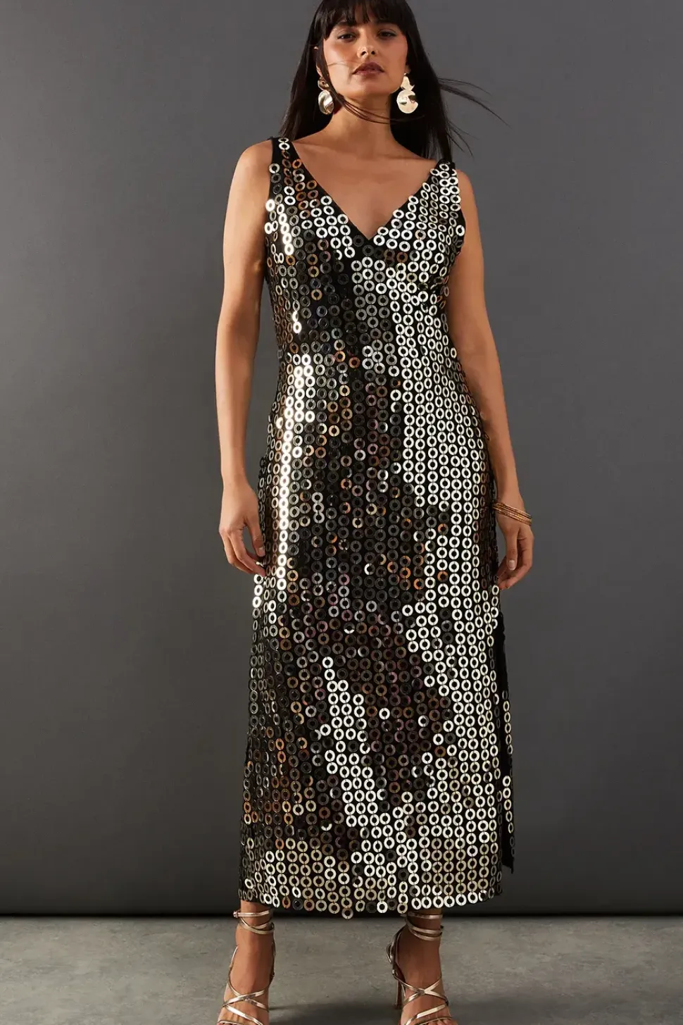 Hand Embellished Disk Sequin High Apex Midi Dress