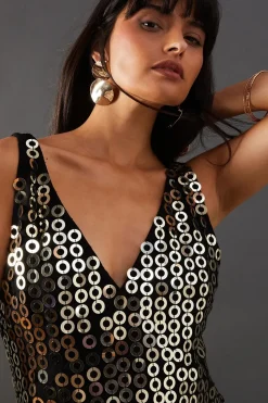Hand Embellished Disk Sequin High Apex Midi Dress