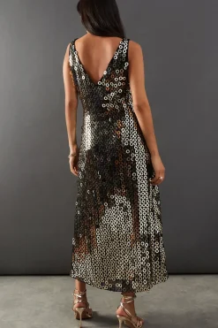 Hand Embellished Disk Sequin High Apex Midi Dress