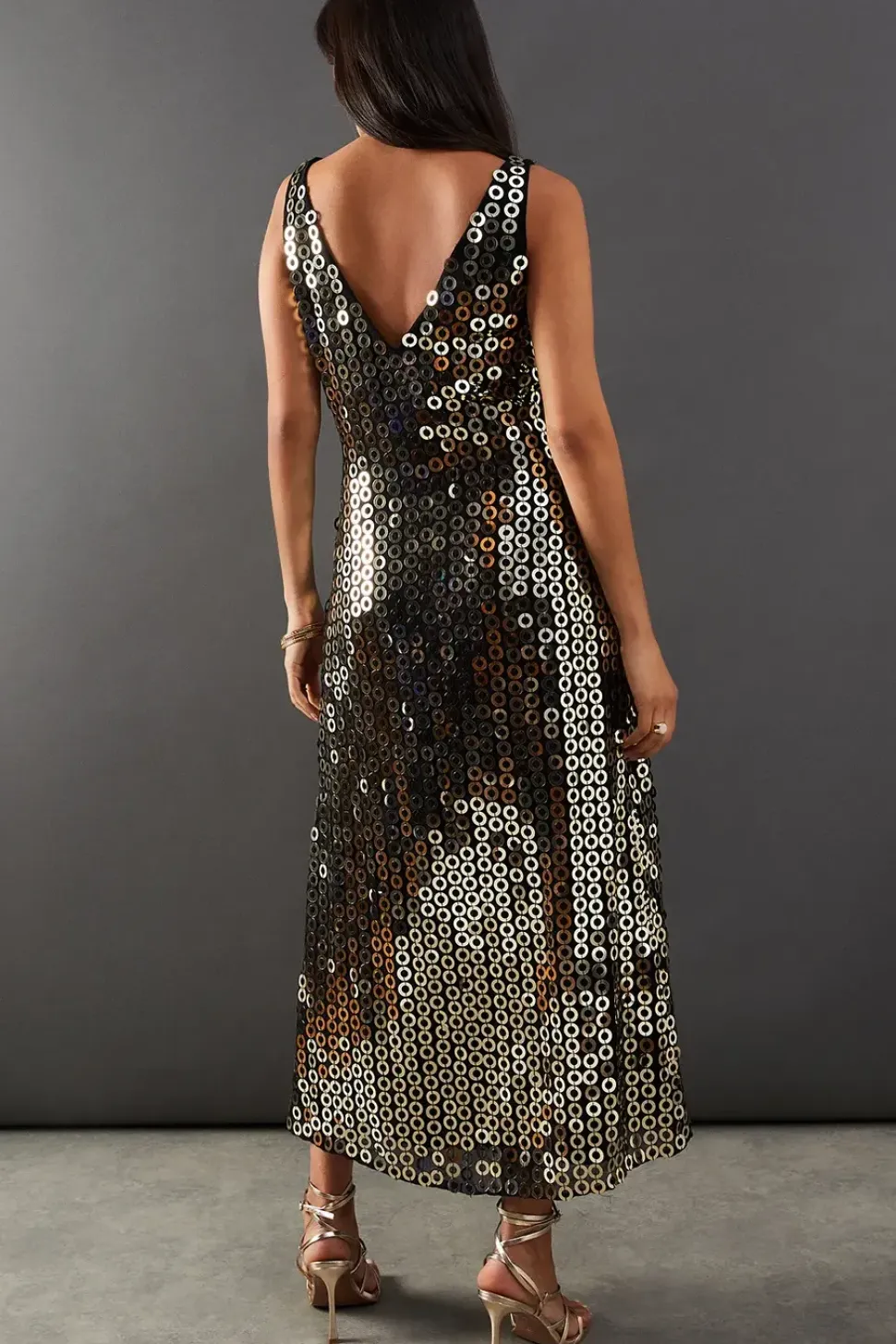 Hand Embellished Disk Sequin High Apex Midi Dress