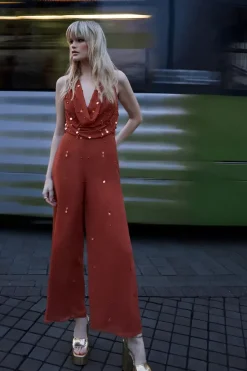 Hand Embellished Sequin Drop Bead Cowl Neck Jumpsuit