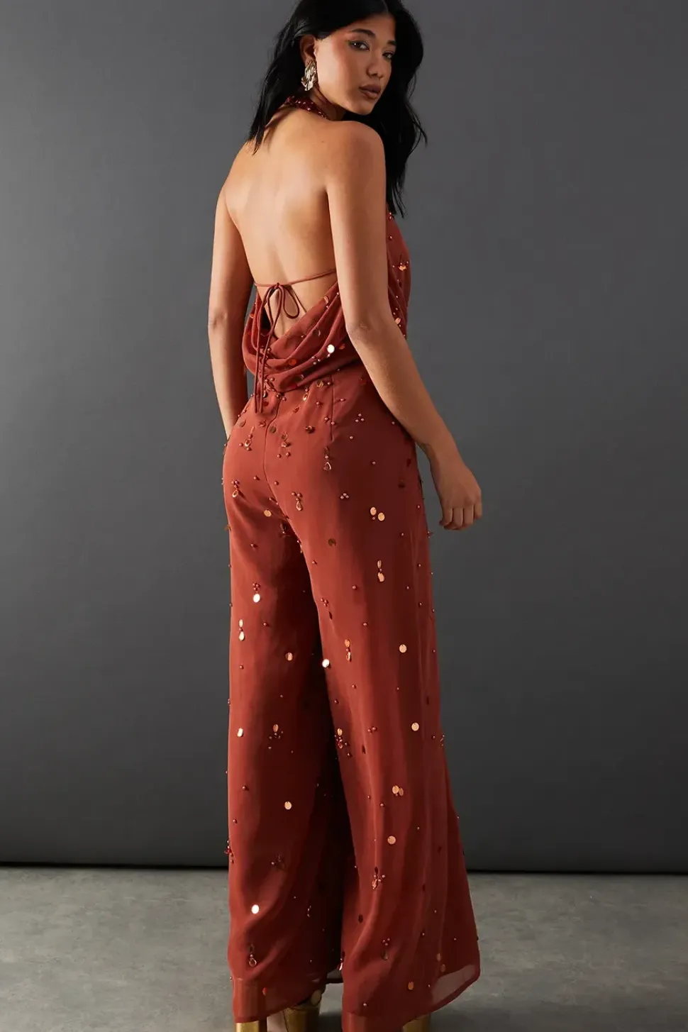 Hand Embellished Sequin Drop Bead Cowl Neck Jumpsuit