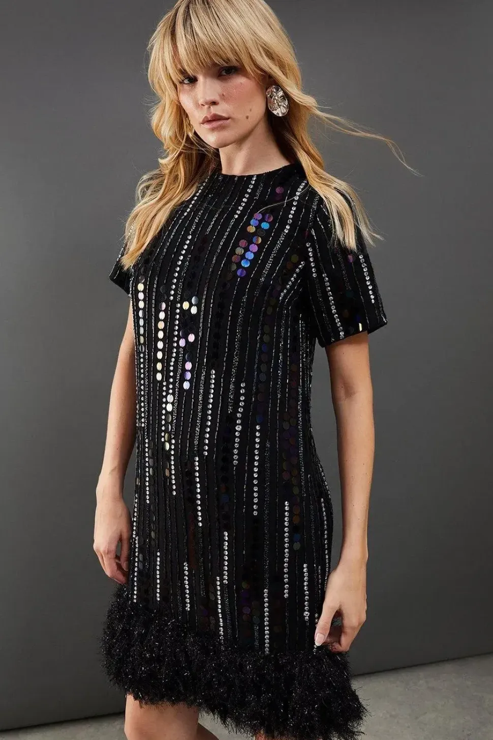 Hand Embellished Sequin Fluffy Hem Tshirt Mini Dress