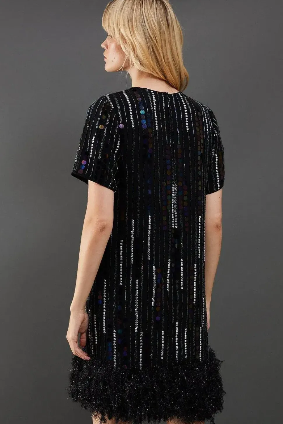 Hand Embellished Sequin Fluffy Hem Tshirt Mini Dress