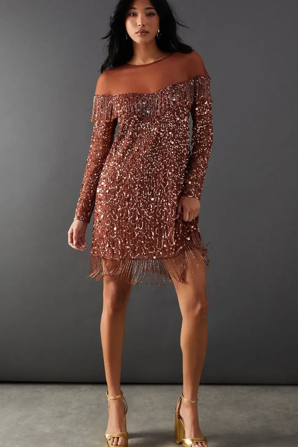 Hand Embellished Sequin Fringe Yoke Mini Dress