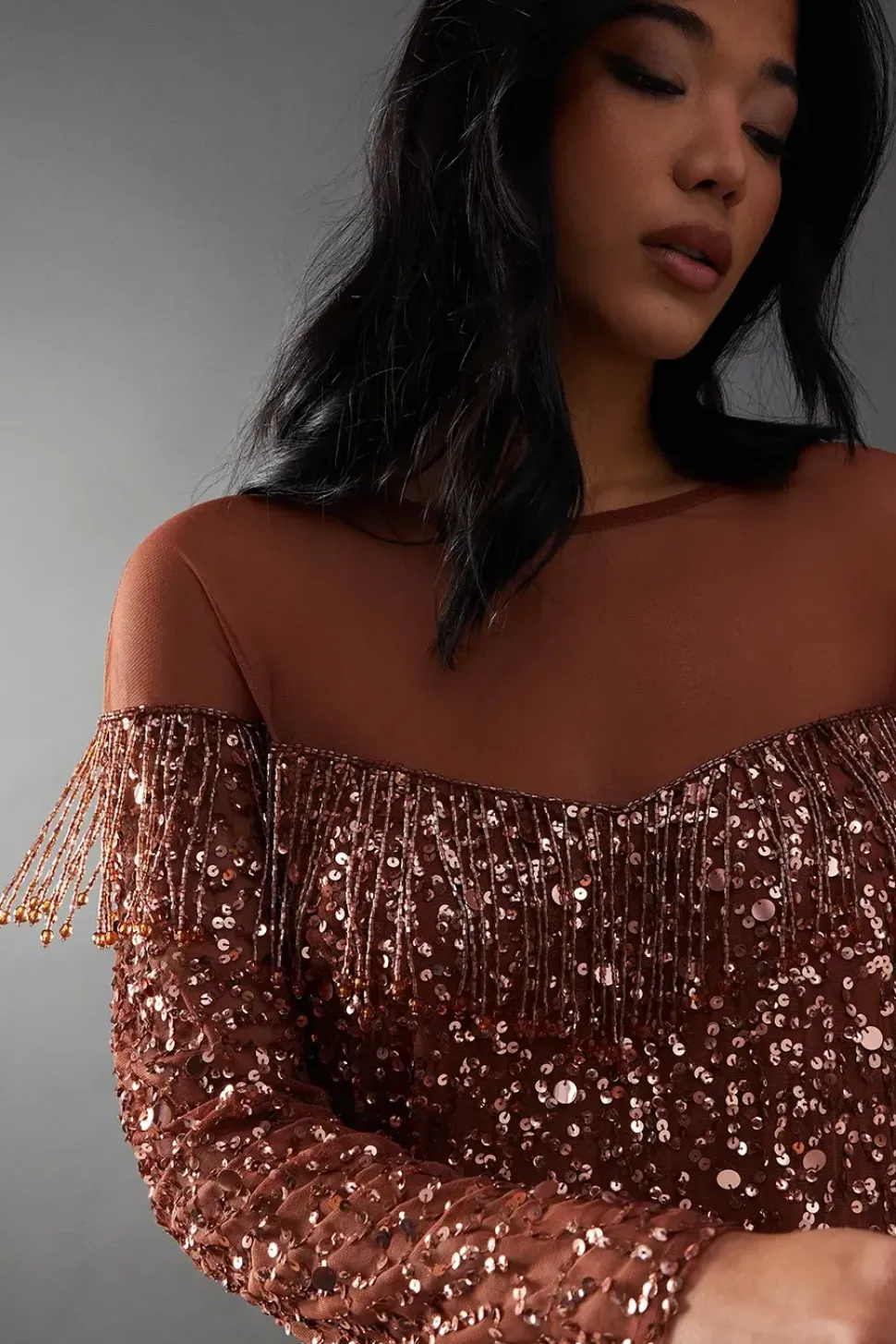 Hand Embellished Sequin Fringe Yoke Mini Dress