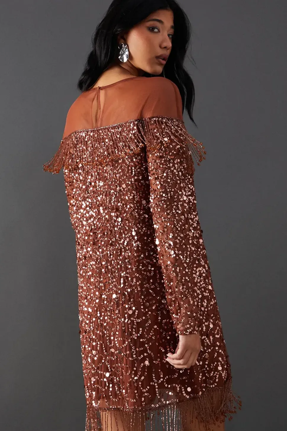 Hand Embellished Sequin Fringe Yoke Mini Dress