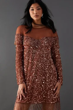 Hand Embellished Sequin Fringe Yoke Mini Dress