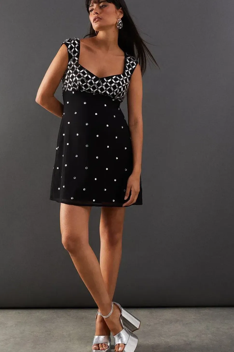 Hand Embellished Sequin Panel Georgette Mini Dress