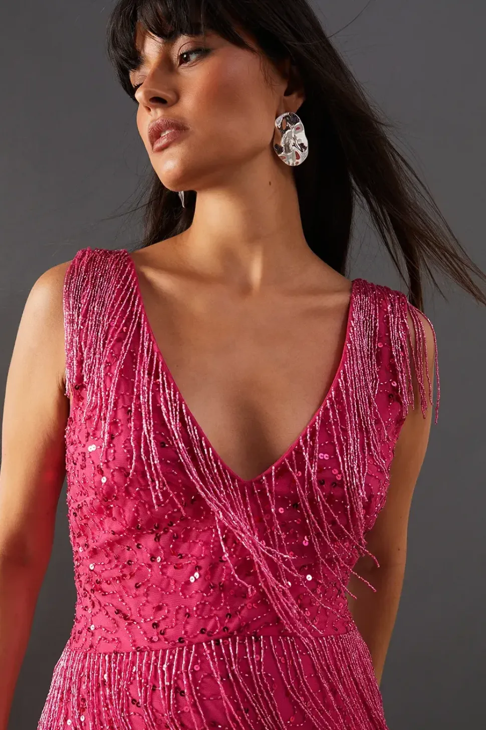 Hand Embellished Sequin Plunge Neck Fringe Jumpsuit