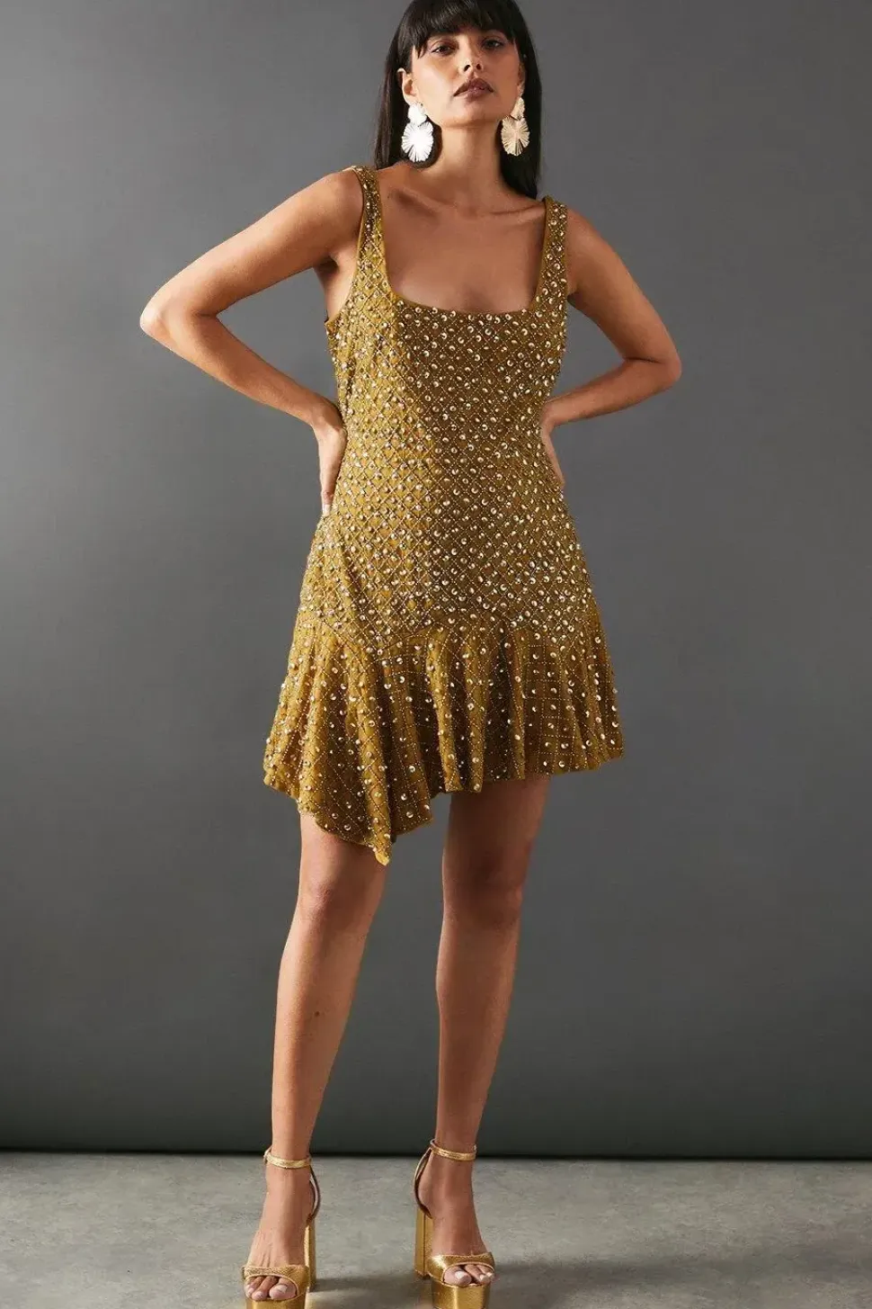 Hand Embellished Sequin Square Neck Flippy Mini Dress