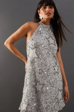 Hand Embellished Sequin Star Cut Out Halter Mini Dress