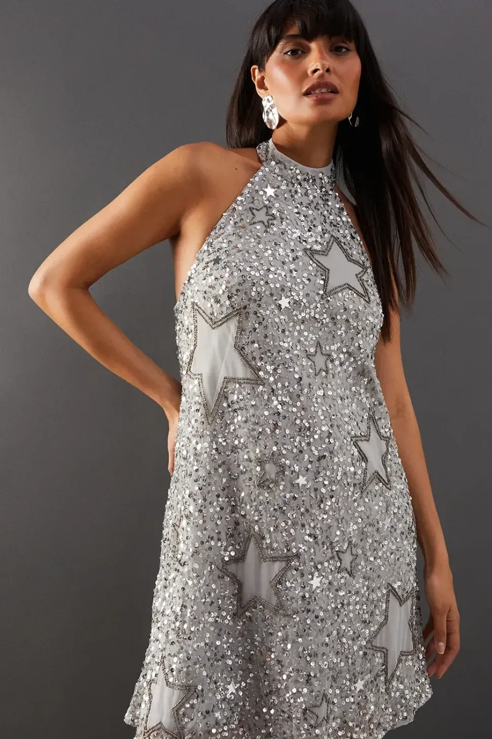 Hand Embellished Sequin Star Cut Out Halter Mini Dress
