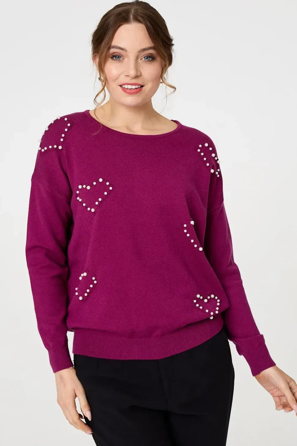 Heart Embellished Boat Neck Jumper