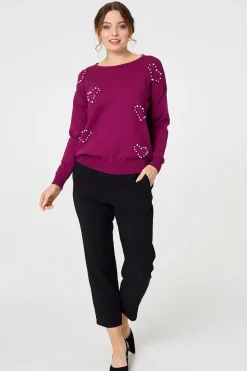 Heart Embellished Boat Neck Jumper