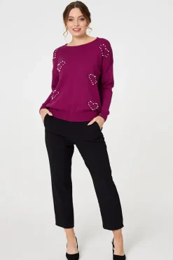 Heart Embellished Boat Neck Jumper