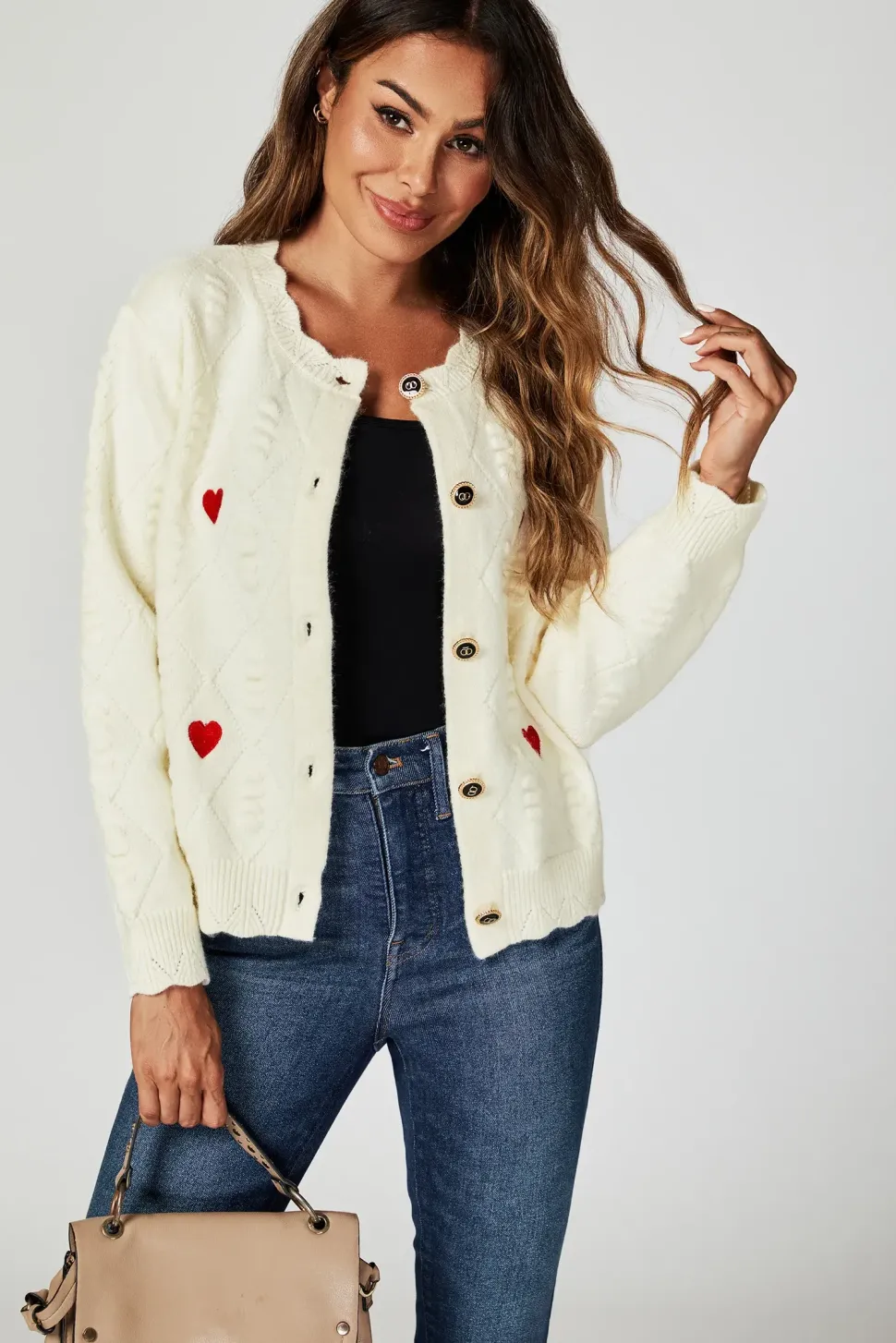 Heart Embroidered Knitted Cardigan In Cream