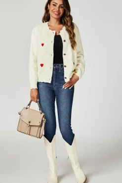 Heart Embroidered Knitted Cardigan In Cream
