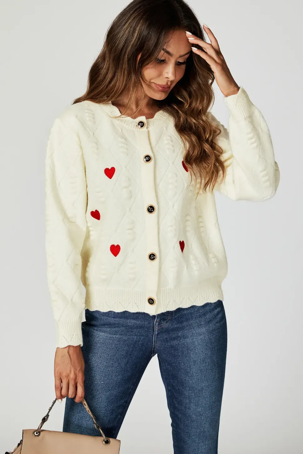 Heart Embroidered Knitted Cardigan In Cream