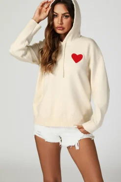 Heart Embroidery Knitted Hoodie In Cream