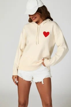 Heart Embroidery Knitted Hoodie In Cream