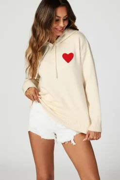 Heart Embroidery Knitted Hoodie In Cream