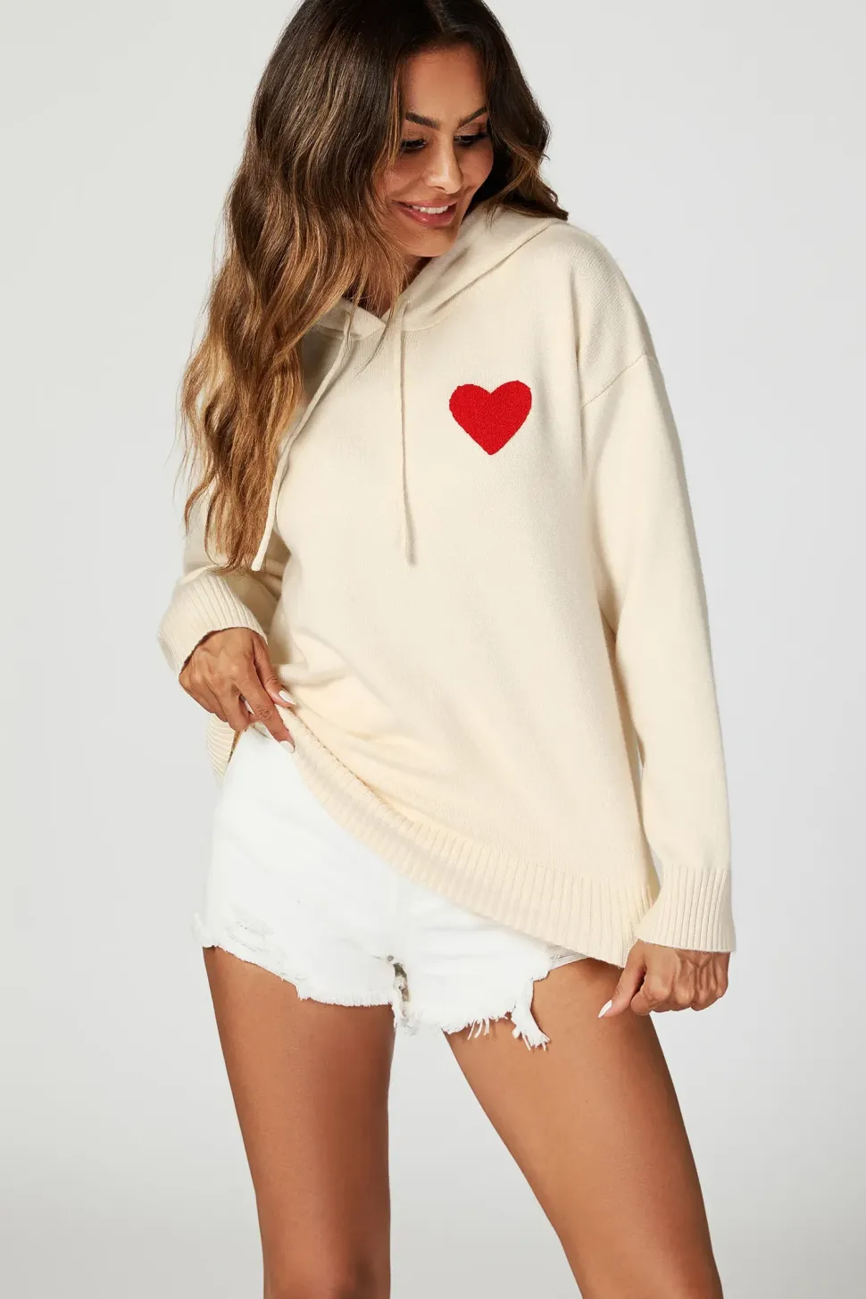 Heart Embroidery Knitted Hoodie In Cream