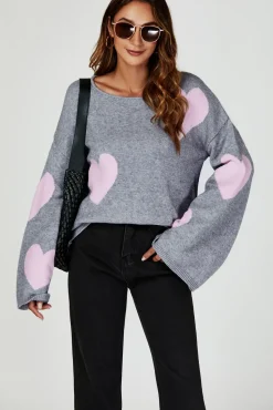Heart Patten Wide Sleeve Oversize Jumper In Light Grey