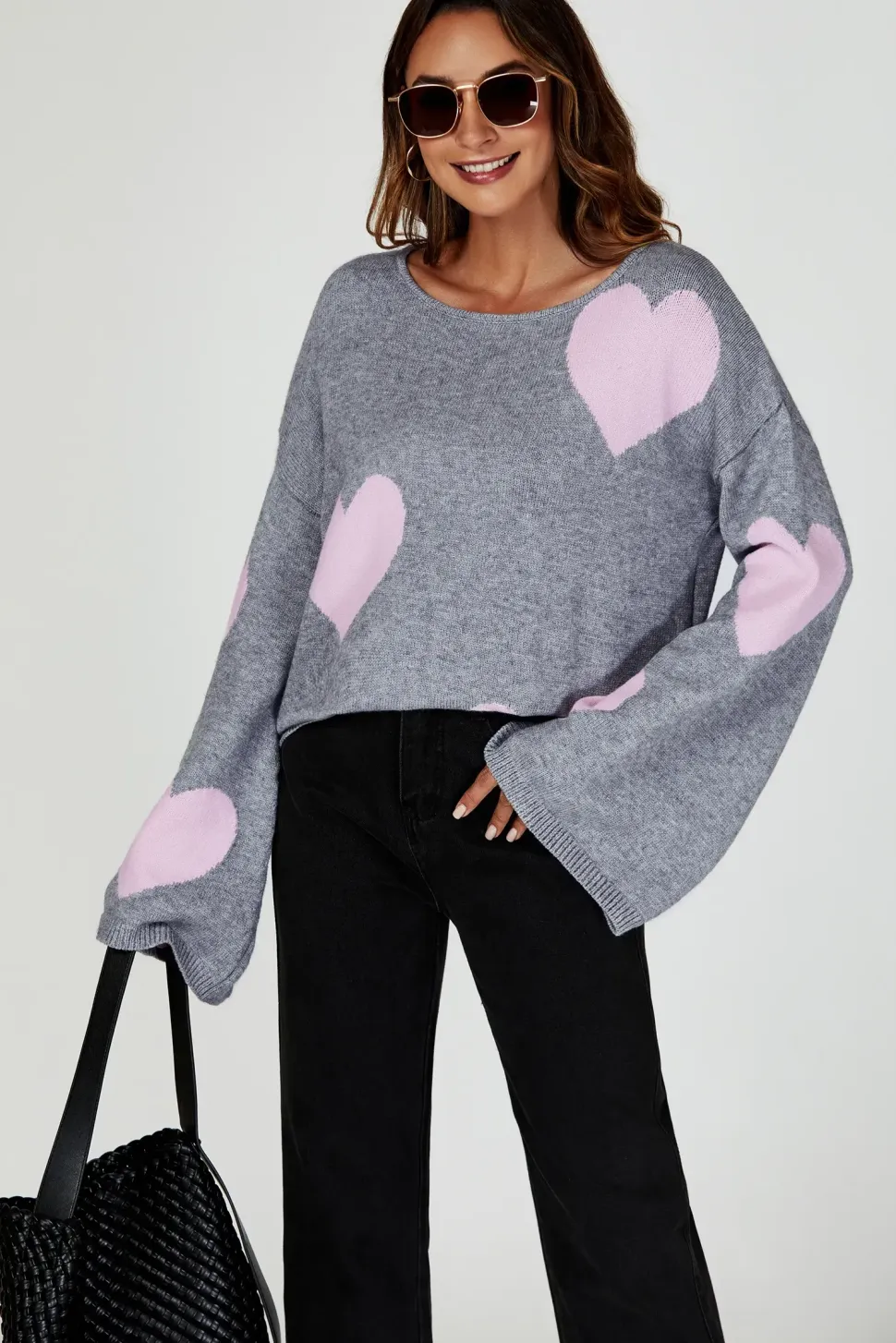Heart Patten Wide Sleeve Oversize Jumper In Light Grey