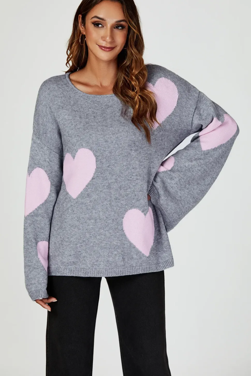 Heart Patten Wide Sleeve Oversize Jumper In Light Grey